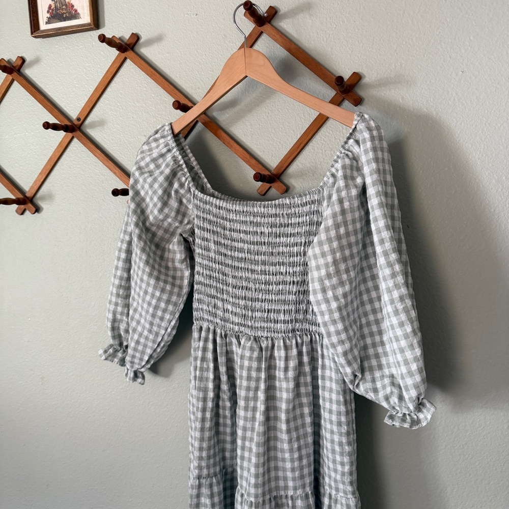 Light green Gingham Smocked Midi Dress with Puff Sleeves